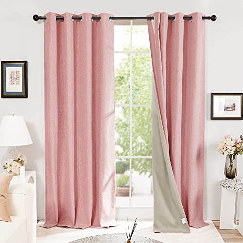 Deconovo Faux Linen Total Blackout Curtains Thermal Insulated Eyelet Curtains for Girls Bedroom Blush Pink W46 x L72 One Pair