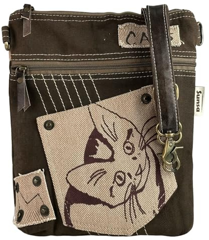 Sunsa Damen Tasche mit Katzenmotiv. Vintage Stil Umhängetasche aus Canvas & Leder. Nachhaltige Produkte. Schultertasche für Katzenliebhaber. Crossover bag mit viel Fächer