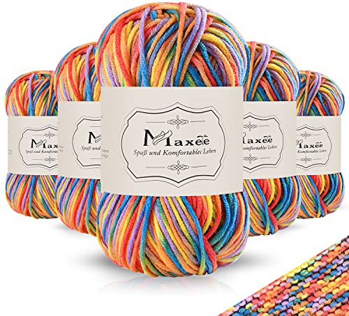 Maxee Fil à Tricoter 250 g (5 x 50 g), Multicolore Dégradé, Fil à Tricoter Acrylique Coloré Pour Chaussettes au Crochet, Echarpes, Mitaines, Pulls et Travaux Manuels Pour Enfants