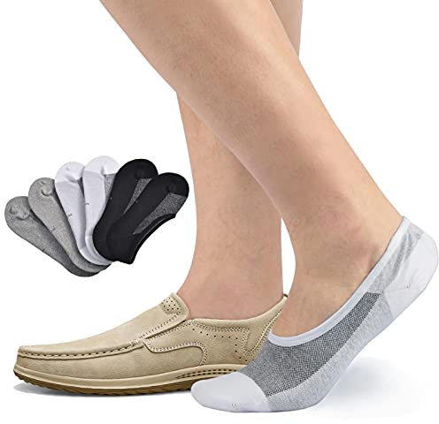LO SHOKIM 6 Pairs No Show Socks - Men & Women Breathable Non Slip Low Cut Cotton Short Socks for Loafers (WY-2Black+2White+2Grey, 10-13)
