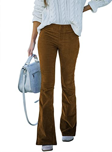 Sidefeel Women's Corduroy Flare Pants Elastic Waist Bell Bottom Trousers Medium Brown