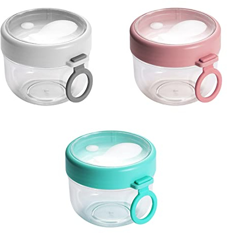 KEEMEN 3-pack 600 ml havrebehållare för övernattning med lock och skedar, bärbar läckagesäker plast flingkoppar yoghurt frukost på språng koppar havregrynsburkar mellanmålsbehållare för matförvaring
