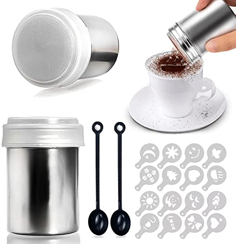 MingZhuInC Saupoudreuse, 2 Pièces Shaker à Chocolat, Saupoudreuse Cacao 16 Pièces Pochoirs à Café pour Chocolat Chaud Décoration De Pain (Avec Cuillère à mesurer)