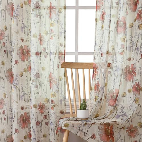 OWENIE Crushed Sheer Curtains 84 Inch Length 2 Panels Set, Sheer Floral Curtains Printed Drapes on Sheers for Living Room, Rod Pocket Light Filtering Window Sheers (2 Panels, 42 x 84)