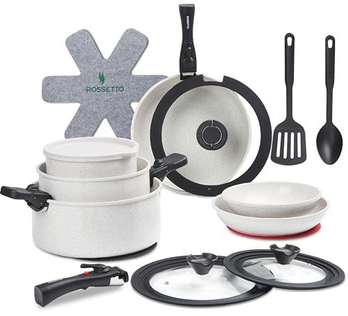 ROSSETTO – Set de cuisine comprenant 23 pièces. Une marmite, une sauteuse, des poêles et des casseroles le tout empliable, poignée amovible, Avec un revetement anti-adhésif, sans PFOA et PFOS