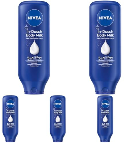 NIVEA In-Dusch Body Milk (400 ml), Körpercreme mit Mandel-Öl und wasseraktivierter 5in1 Pflege Formel, feuchtigkeitsspendende Body Lotion für die Dusche (Packung mit 5)
