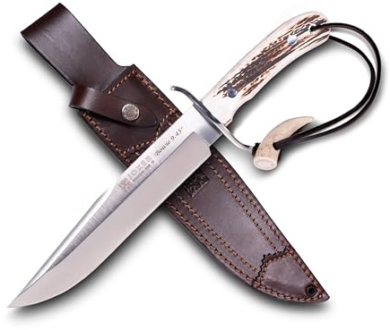 Joker Bowie Jagdmesser 9,45” CC139 mit Edelstahl-Schutz, Hirschhorngriffen, gerader Klinge von 23,5 cm, 554 gr, brauner Lederscheide, Werkzeug zum Angeln, Jagen, Campen und Wandern