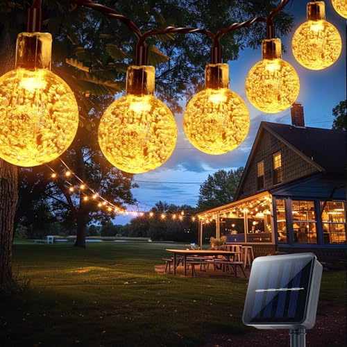 Suright Catena Luminosa Esterno Solare, 14 M, 60 LED, 8 Modalità, IP 65 Impermeabile Luci Solari Da Giardino,Per Giardino,Balcone,Terrazza, Natale, Matrimoni, Feste, Diametro 17mm (Bianco Caldo)