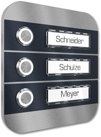 Graviers Design Campanello multi familiare con Pulsante LED Targhetta 3 nomi - Campanello V2A in acciaio inox 140x150 mm - da incasso selezionabile da esterno per porta d'ingresso casa