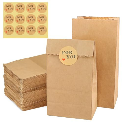 ASelected Brown Paper Bags 100Pcs Strung Gift bags Heavy Duty Paper Sandwich Bags 20 (FOR YOU) Stickers Suitable for Grocery, Fruits, Strong Takeaway Christmas Halloween Birthday Wedding Party
