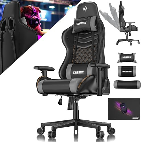KESSER® Gamingstuhl Ergonomisch Gaming Stuhl Bürostuhl mit Kopfstütze & Lendenkissen | Racing Gamer Stuhl 150kg belastbar | Armlehne 360° | Drehbarer Schreibtischstuhl Gaming Chair + Gummi-Rollen