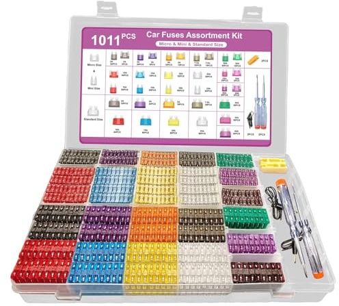 Nayoto 1011-Piece Universal Zinc Flake Car Fuse Set - 410 Standard, 410 Mini & 185 Micro Fuses (2A-40A), with 2 Removal Tools, 2 Testers & 2 Clips - Compatible with Cars, Trucks, RVs, Boats etc.