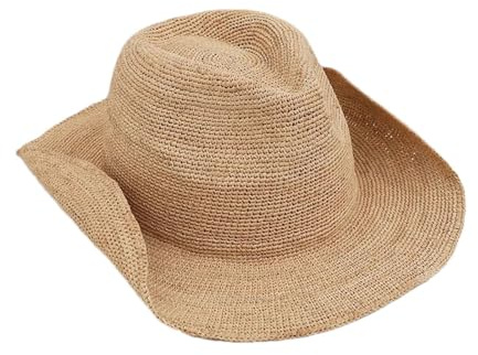 Mnjyihy Womens Hand-Woven Crochet Raffia Sun Hat Summer Western Cowboy With Curled Brim Beach Sun Straw Hats color 55-58cm