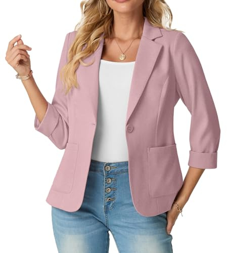 GRECERELLE Womens Blazer Suit Elegant 3/4 Sleeve Notch Lapels Collar Jackets Business Work Office Cardigans Jacket Suiting & Blazers with Pockets Button for Ladies