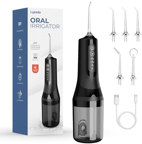 Lyinda Water Dental Flosser for Teeth Cordless, 2026 Upgraded Portable Oral Irrigato with 5 Jet Tip and 4 Modes, 260ML Irrigator Dental for Deep Cleaning, IPX7 Waterproof USB for Tavel and Home Use.