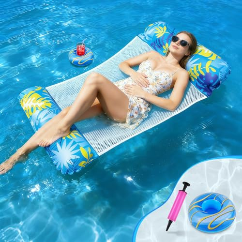 Colchoneta Hinchable Piscina 4en1, Hamaca Flotante Adultos 135x70cm, PVC Resistente, Malla Transpirable, Portátil Plegable, Incluye Bomba Manual, Ideal para Piscina Playa Lago