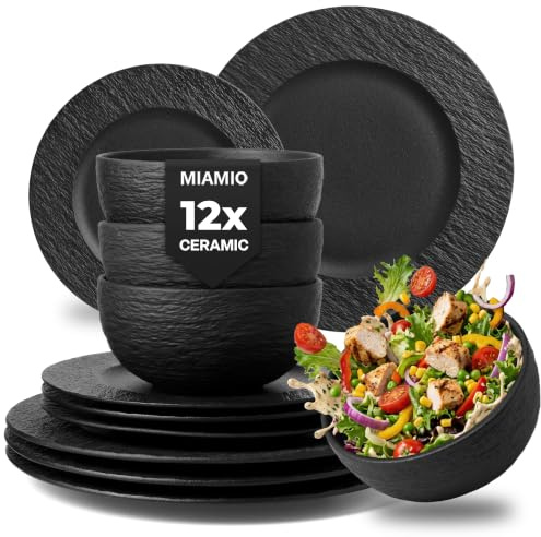 MIAMIO - Stoneware Dinnerware Set of 12, Plates & Bowls - Oasis (Black) | Modern dinnerware set with 4 dinner plates, 4 breakfast plates and 4 bowls in stoneware for 4 people, dishwasher safe