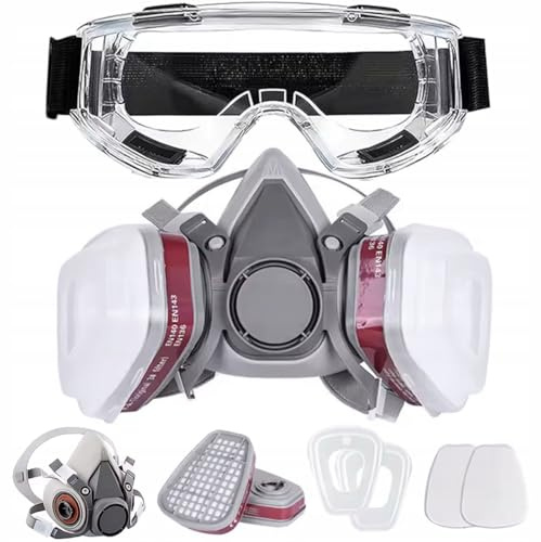 6200 PRO set halvmask andningsskydd – silikonmask med filterhölje, 2 bomullsfilter, 2 filterskydd, skyddsglasögon | lackering, industri, kemi