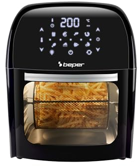 BEPER P101FRI012 Freidora De Aire Caliente, Asador, Horno, Tostadora, Secadora,12 L, 1800W, Panel táctil, 8 Programas, Equipado, Ajustable, Negro