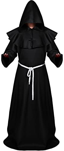 Sintege Disfraz Monje Mardi Gras Túnica de Monje Medieval Bata de Sacerdote Renacimiento Adulto Disfraz Mago (Negro, XL)