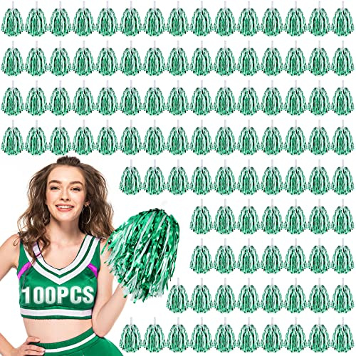Hanaive 100Pcs Metallic Cheerleading Pom Poms with Baton Handle Cheerleader Pompom Foil 30g Cheering Squad Hand Flowers for Adults Team Spirit Sports Party Cheering(Green and White)