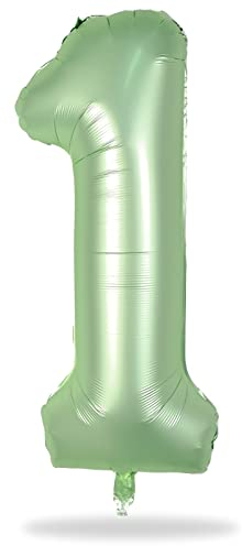 Sage Green 1 Balloons, 40 Inch Giant Olive Green Helium Foil Number 0-9 for Girls, Self Inflating 1st Birthday Balloon for Boys Women Anniversary Baby Shower Jungle Safari Party Decorations Supplies