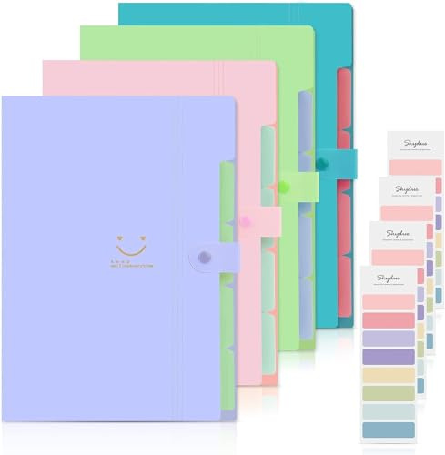 SKYDUE 4 Pack Expanding File Folders With 32 Labels, A4 Letter Wallets for Paperwork, Documents, Bills, Invoices - File Storage Organiser