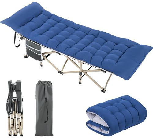 Yaheetech Folding Portable Camping Cot with Mat, Grey Cot & Blue Pad