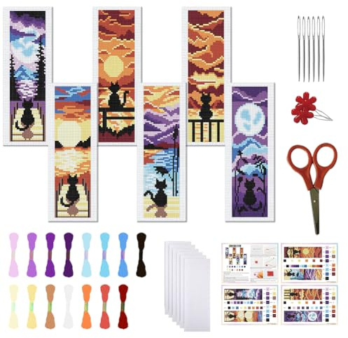 FREEBLOSS 6 Set de Marque Pages au Point de Croix Kit de Broderie au Point de Croix Estampé avec Motifs de Paysage et de Chat Kit de Marque Pages à Faire Soi Même avec Instructions, 11CT