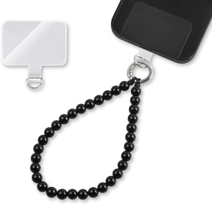 GD GOOD.designs Catena per cellulare con perline nere corta - Cinturino universale per cellulare con patch per ogni custodia di cellulare | Cinturino per cellulare con cordino (lunghezza 24 cm)