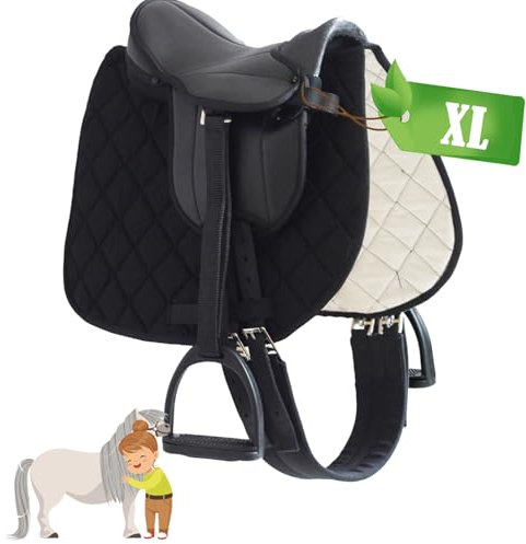 My Sweet Pony® Kinder Shettysattel-Set Black Diamond XL | 14 Sattel für Pony Shetty und Holzpferd | Alles enthalten | Sattelgurt, Schabracke, Steigbügel und Riemen | Ideal für erste Reitversuche
