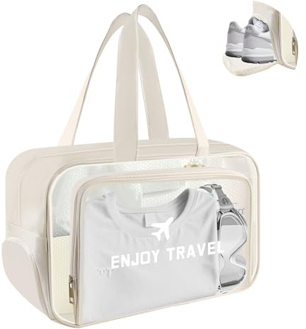 Clear Toiletry Bag, Large Capacity Waterproof Transparent Makeup Cosmetic PVC Bag with Shoe Compartment and Wet Pocket for Women Girls Men (White)