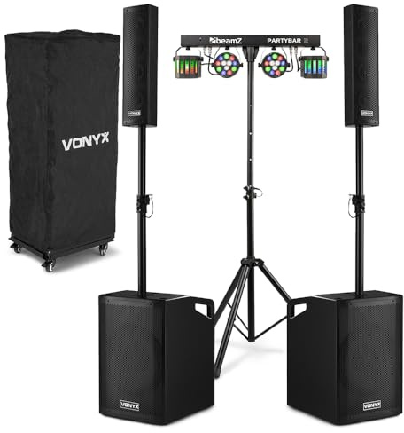 VONYX VX1050BT Column Array Speaker DJ Package – 1150W Active DJ Setup with Bluetooth, Wireless Mics, Subwoofers, PartyBar2 Disco Lights, DMX & Sound Activation