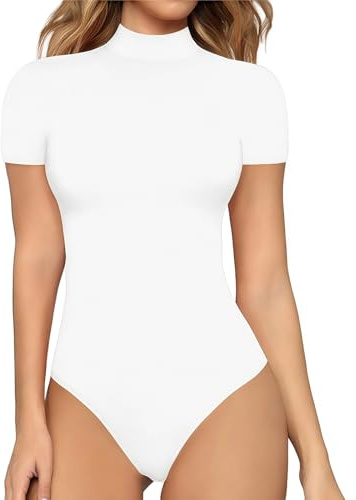 DUOYIJIN Short Sleeve Bodysuit for Women Turtle Neck Tank Top Ladies Leotard Body Suits with Snap Closure Going Out Casual Slim Fit Summer T-Shirts(White/L)