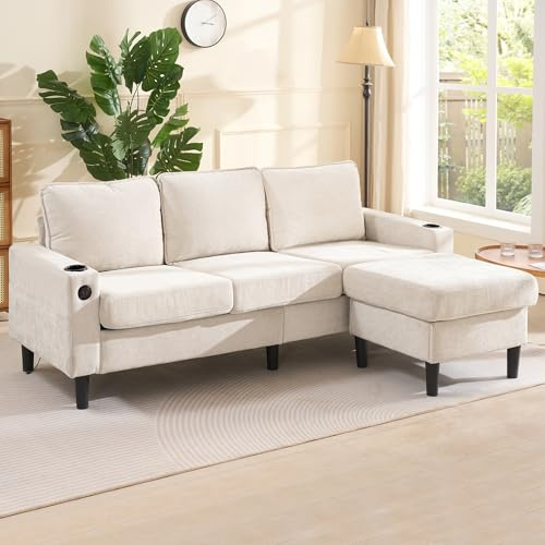 3-sits L-formad soffa med USB/Typ-C-laddningsportar, 2 mugghållare och mjukt linneklädselt, modern bäddsoffa för vardagsrum och små rum, 202 cm, beige