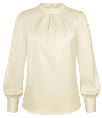 Belle Poque Chemisier élégant à manches longues et col rond en satin de soie pour femme, abricot, XL