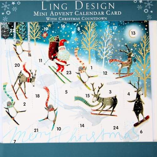 Countdown to Christmas - 24 Door - Festive Mini (6.5 x 6.5) Advent Calendar Gift Card with Envelope by Ling Design (Skiing Santa & Friends)