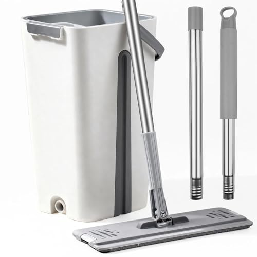 LxsNyvantic Mocio Lavapavimenti Con Secchio Strizzatore 2-in-1, Testa Rotante 360°, Manico In Acciaio Inox Regolabile Fino A 115cm, 4 Panni Lavabili, Pulizia A Secco E Umido Per Parquet E Piastrelle