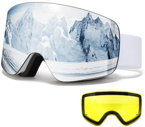 Skidglasögon OTG för unisex, YH227 snowboardglasögon med halkskydd pannband UV-skydd anti-dimma, skidglasögon helt pläterade REVO justerbara, skidglasögon för skidåkning (10-silver/vit + lins)