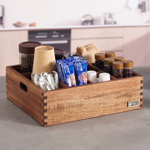 TREELF Acacia Wood Coffee Station Organizer for Countertop, Coffee Pods Holder & Condiment Storage Basket, 12-Inch Rustic Farmhouse Bar Decor for Tea Cups, Syrup, Stirrers, Accessories