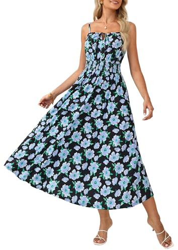 GRACE KARIN Vestido bohemio floral para mujer, casual, sin mangas, tirantes delgados, plisado, holgado, acampanado, vestido bohemio para playa, vacaciones, con bolsillos, Floral negro y azul, L