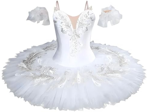 AMhomely Weißes Schwanenkostüm für Mädchen, Ballett-Tutu-Kleid für Mädchen, schulterfrei, mit Feder-Dekor, Netzärmel, Eiskunstlauf, Tanzkleidung, Ballerina-Outfit, 3–14 Jahre, A White, 5-6 Jahre