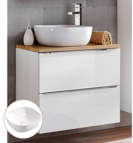 Lomadox Badmöbel Waschtisch-Unterschrank Set 61cm, Hochglanz weiß mit Eiche, 41cm Keramik-Waschbecken, 2 Softclose-Schubkästen, B/H/T 61/74,5/46 cm