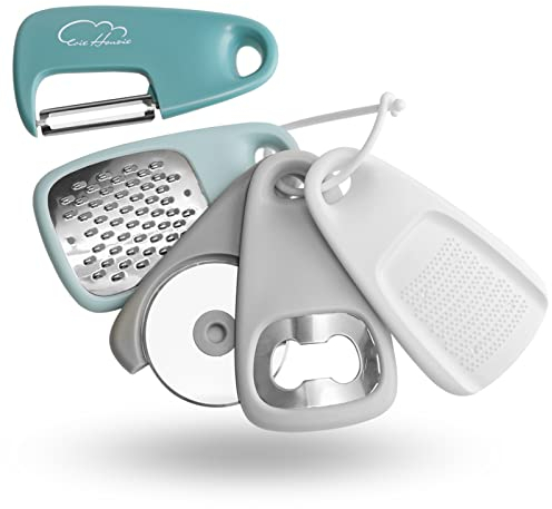 Kits de cuisine à 5 pièces, outils de cuisson en acier inoxydable économes en espace, rasoir à fromage, ouvre - bouteille, éplucheur de fruits/légumes, coupe - pizza, Moulin à ail/gingembre (bleu)