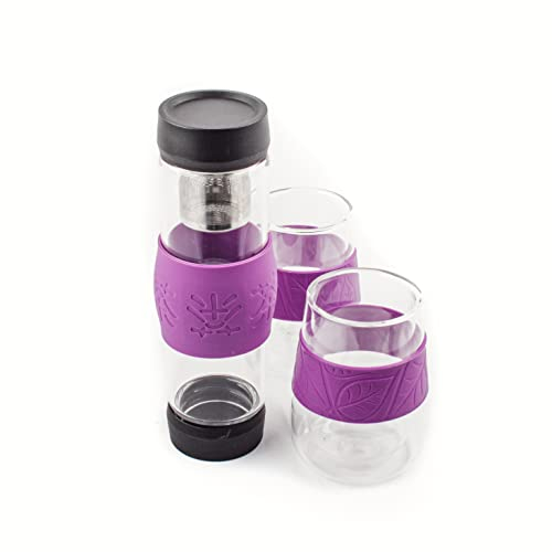 Set 3 Piezas: Botella Infusora para Té de Borosilicato Transparente 500 ml con Filtro de Acero Inoxidable + 2 Vasos Doble Pared de Cristal – Banda Silicona Antideslizante, BPA Free