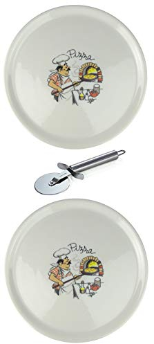 Saturnia XXL-pizzatallrik i porslin, mattallrik med olika motiv, inkl. pizzaskärare i rostfritt stål, 2 stycken, pizzabagare Ø 33 cm