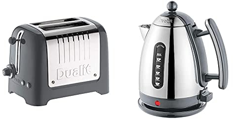 Dualit 2 Slice Lite Toaster | 1.1kW Toasts 60 Slices an Hour | Bagel & Defrost Settings | 36 mm Wide Slots | 26204 & Lite Kettle - 1.5L Jug Kettle - Polished with Grey Trim, High Gloss Finish