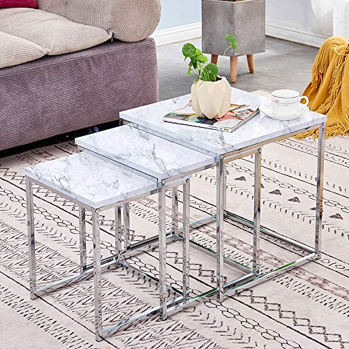 PBPKING High Gloss Nesting Tables, Set of 3 Stackable Design Coffee Tables, End Side Table for Living Room, Lounge, Office (White Marble)