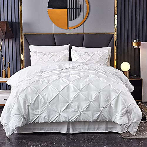 MK Home Textile Pintuck Duvet Cover 3 Piece Pinch Pleat Bedding Sets – 100% Cotton Percale 200 Thread Count Quilt Covers – White/Silver Grey/Charcoal/Pink/Navy Bed Set (White, Super King)
