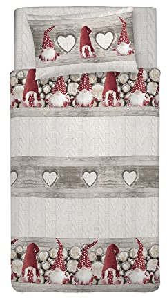 PENSIERI DELICATI Parure Copripiumino Singolo 100% Cotone, Completo di Sacco 155x200cm e 1 Federa 52x82cm, Made in Italy, Copripiumino Lavabile In Lavatrice A 40°, Fantasia Gnomo Rosso